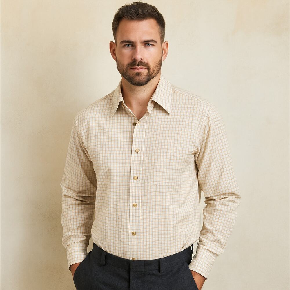 David Donahue Beige Windowpane Plaid Men's Button Down Dress Shirt XL‎